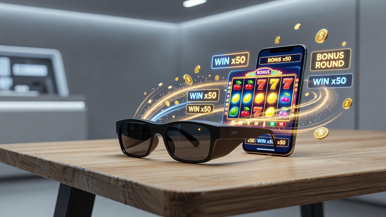 Mobile device displaying augmented reality overlays on a slot game interface with interactive 3D elements layered over spinning reels