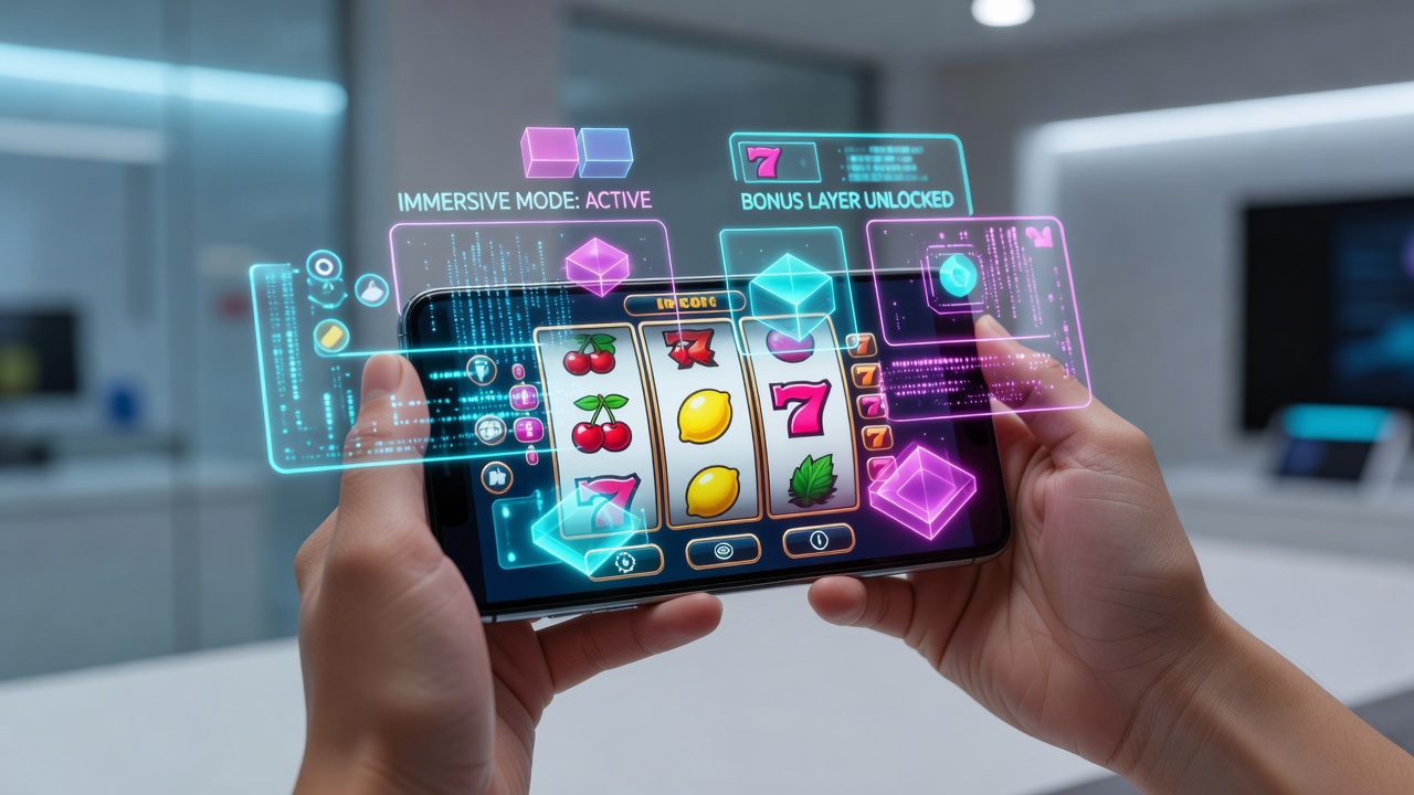 Close-up view of a smartphone screen showing layered augmented elements including floating multipliers and animated characters during a mobile slot bonus round