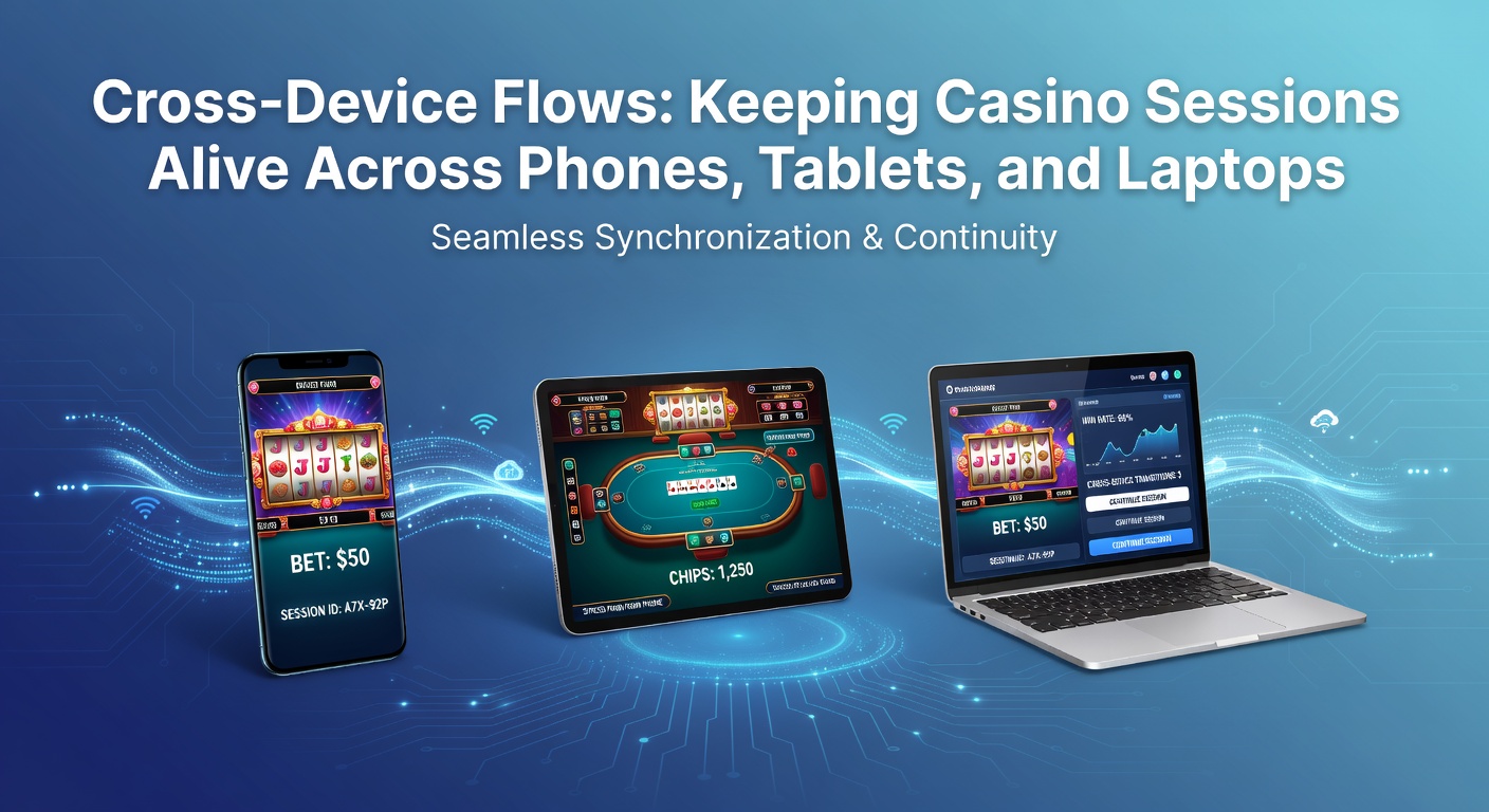 A user seamlessly switching from phone to laptop during an online casino session, with devices connected via seamless flow lines