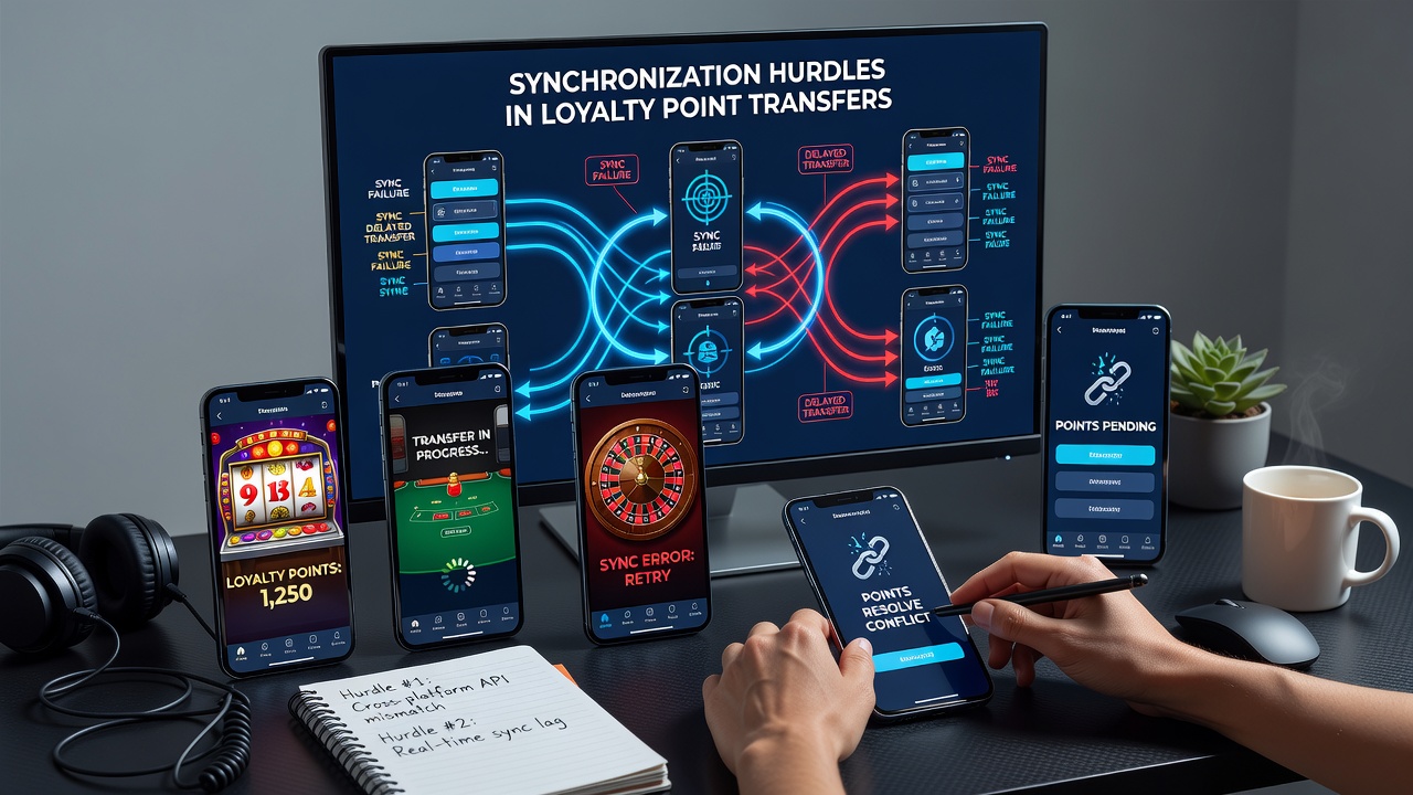 Smartphone screens displaying loyalty point balances with sync error indicators across different mobile gambling apps