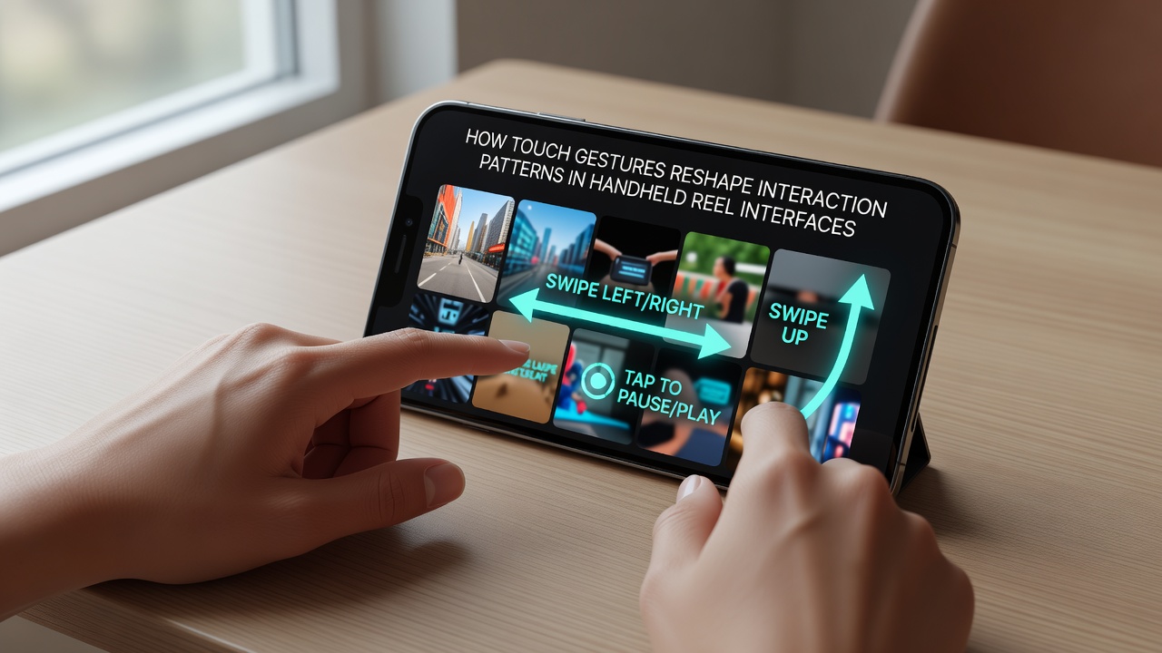 Split view of tablet and smartphone screens demonstrating multi-touch gestures on reel interfaces with overlaid heatmaps of finger movements