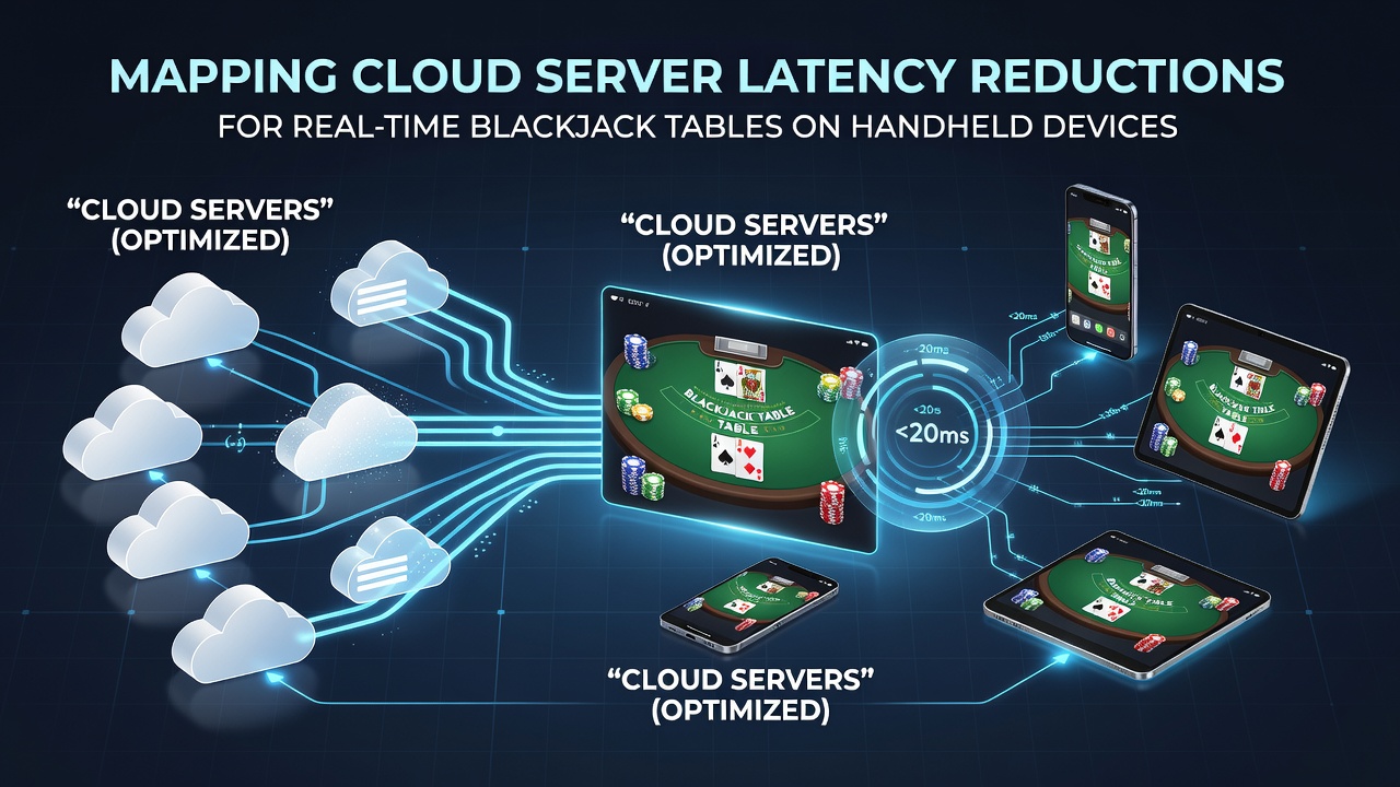 Mobile device screen displaying real-time blackjack table with overlaid network latency metrics