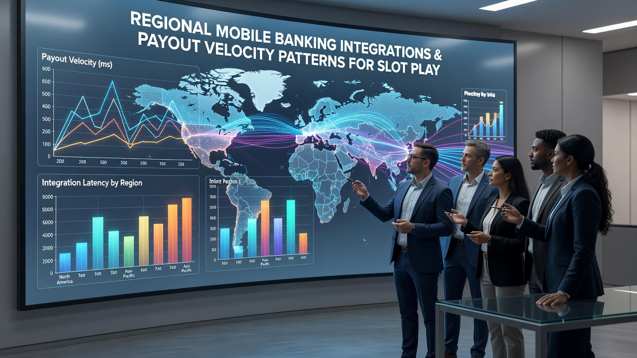 Regional map overlay showing mobile banking integration points and average payout times for slot platforms