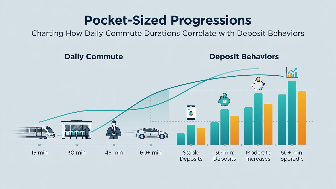 Data visualization charts displaying commute time brackets alongside mobile casino deposit frequency and timing metrics