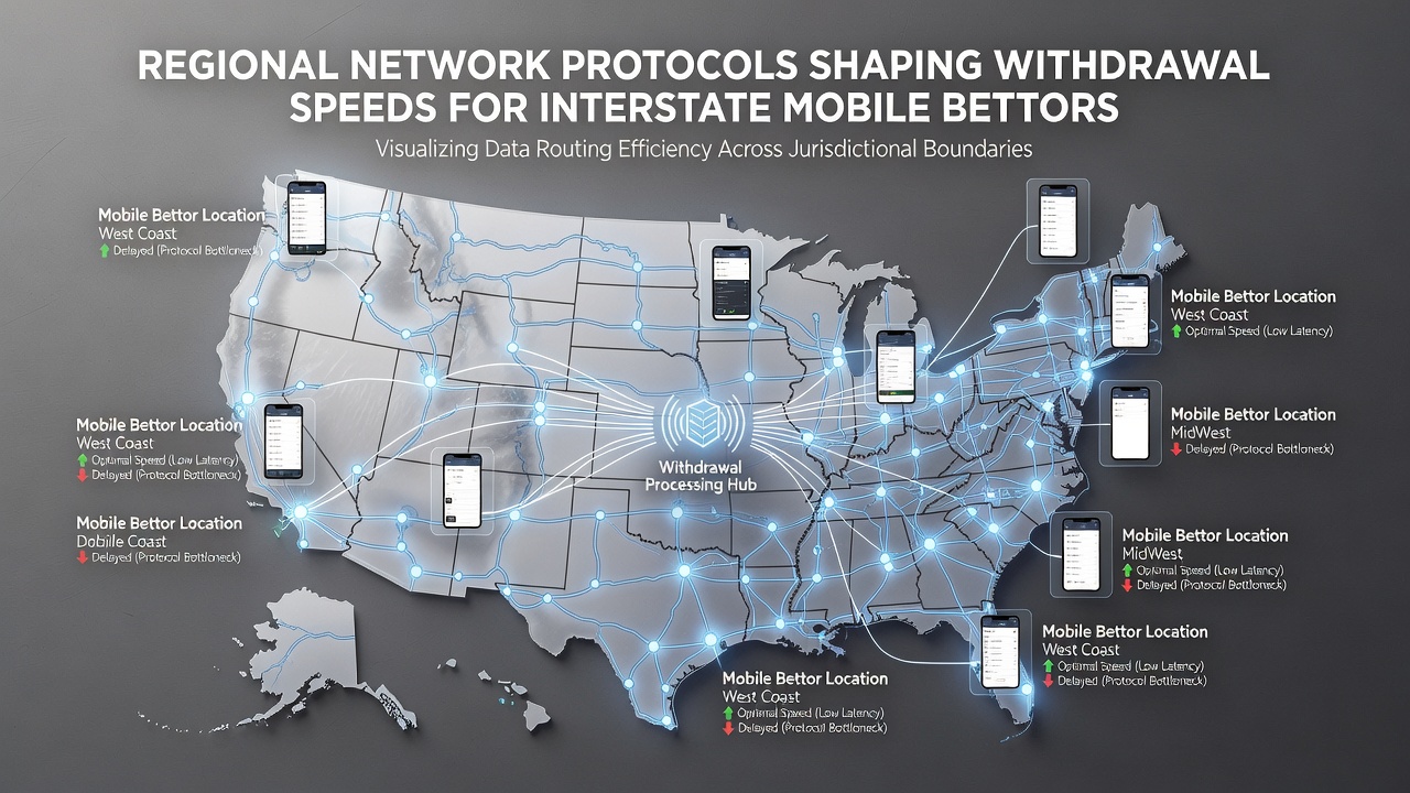 Illustration of mobile device connecting through multiple regional network towers during an interstate withdrawal process