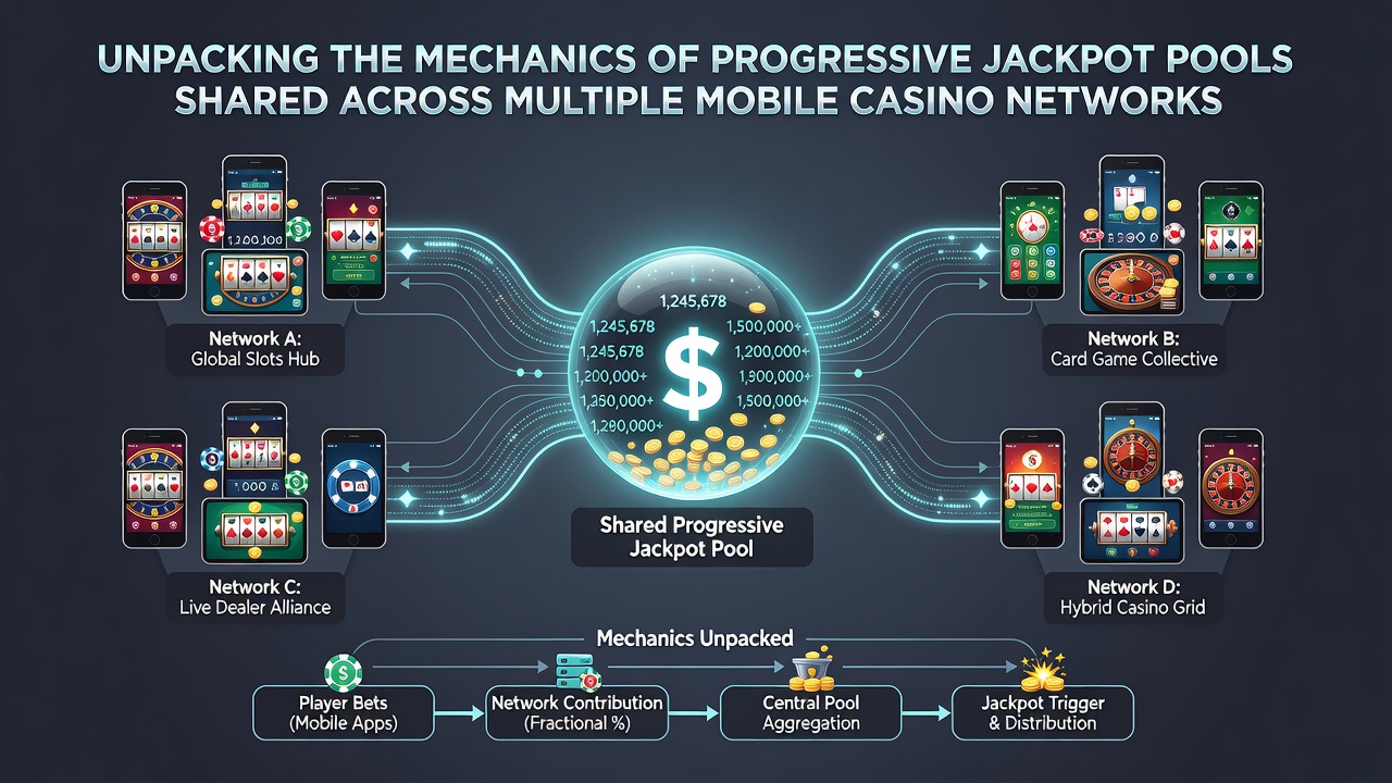 Illustration of server infrastructure linking mobile devices to centralized progressive jackpot databases