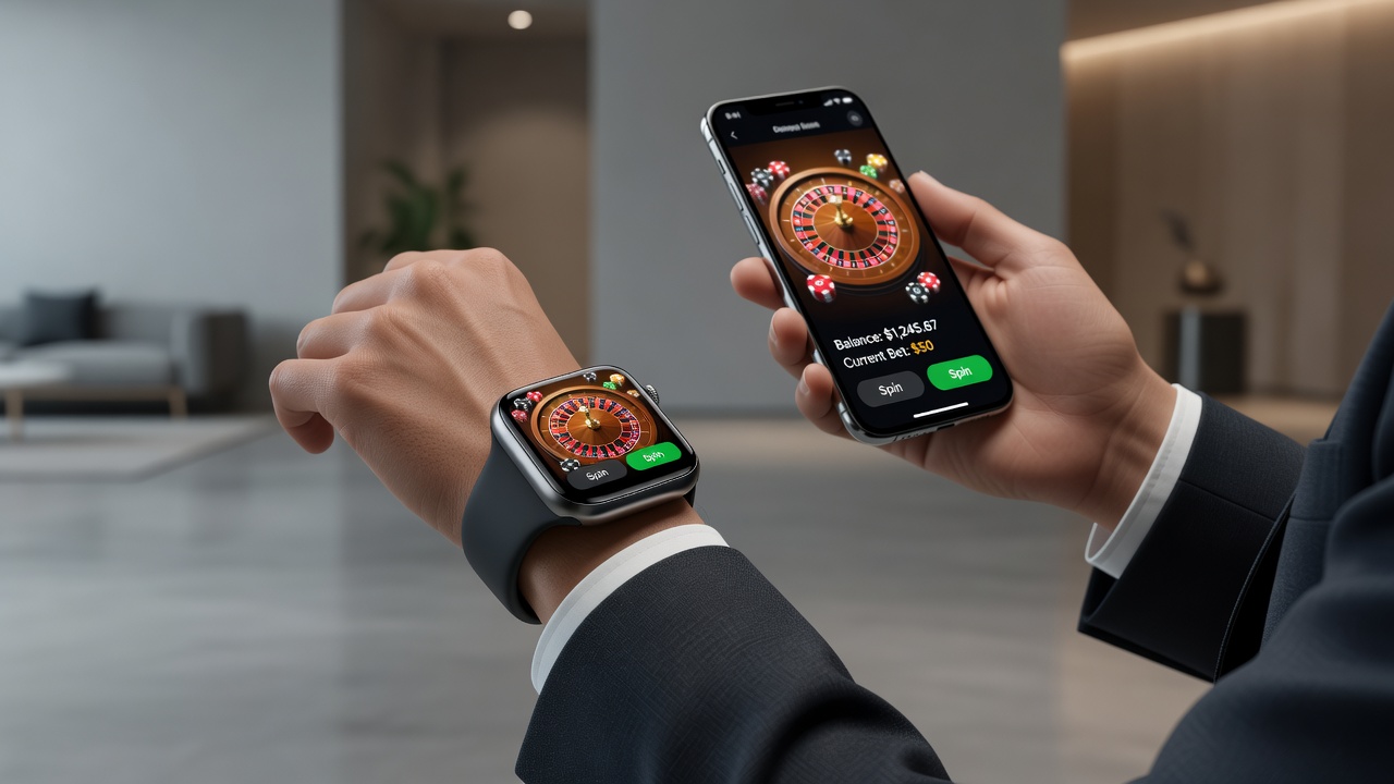 Augmented reality glasses overlay showing casino elements integrated with wearable controls